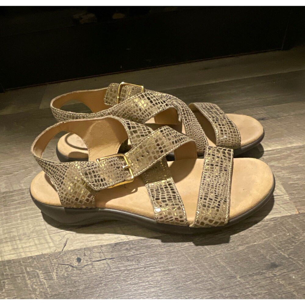SAS Laguna Women's Sandals Size 7 M Metallic Olive Gold Snake Print Cross Strap